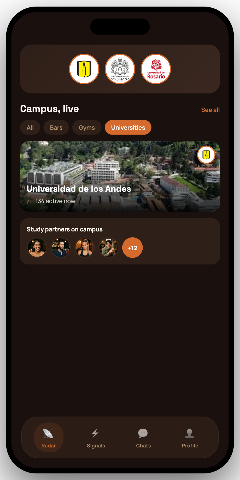 Glimp app: universities view